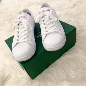 womens white and pink lacoste trainers